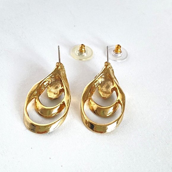 Green Pink Black Enamel Double Loop Metal Gold Tone Pierced Earrings 1.5in - Picture 5 of 9